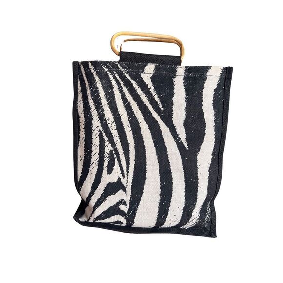 Retro Exotic Zebra Black, Gray & White Wooden Handles Women’s Tote Shoulder Bag - Picture 8 of 9